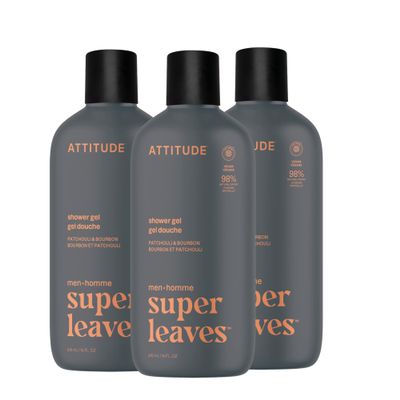 ATTITUDE Shower Gel Body Wash for Men, 98% Natural Origin Ingredients, Paraben & Phthalate Free, EWG Verified, Cleanses Without Drying, Patchouli & Bourbon, 14 Fl Oz (Pack of 3)
