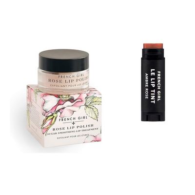 French Girl Organics Lip Care Bundle Rose Polish Exfoliant & Tint Ambre Rose Natural Scrub and Hydrating Tinted Balm Duo