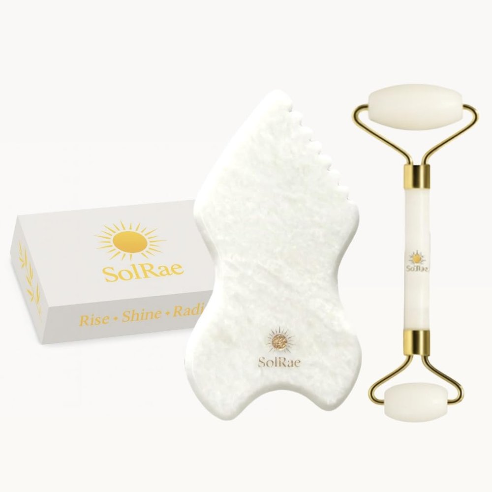 Gua Sha Bian Facial Stone With Jade Roller | Gua Sha Facial Tool Kit to Lift, Plump, Tone and Sculpt | Hand Crafted with 100% Authentic Bian Stone for Daily Use | Gifts for Women