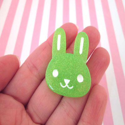 Big Green Glitter Bunny Cabochons rdnqu (6 Pieces)