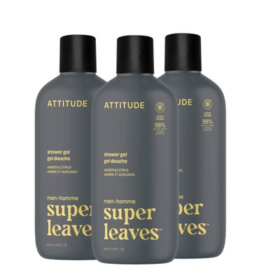 ATTITUDE Shower Gel Body Wash for Men, 98% Natural Origin Ingredients, Paraben & Phthalate Free, EWG Verified, Cleanses Without Drying, Amber & Citrus, 14 Fl Oz (Pack of 3)