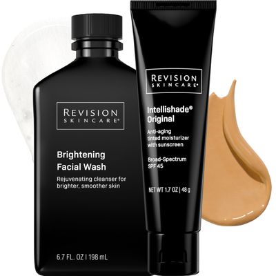 Revision Skincare Intellishade Original SPF 45 1.7oz + Brightening Facial Wash 6.7oz Bundle, Anti-Aging Tinted Moisturizer with Sunscreen and Daily Exfoliating Cleanser for Radiant, Healthy Skin