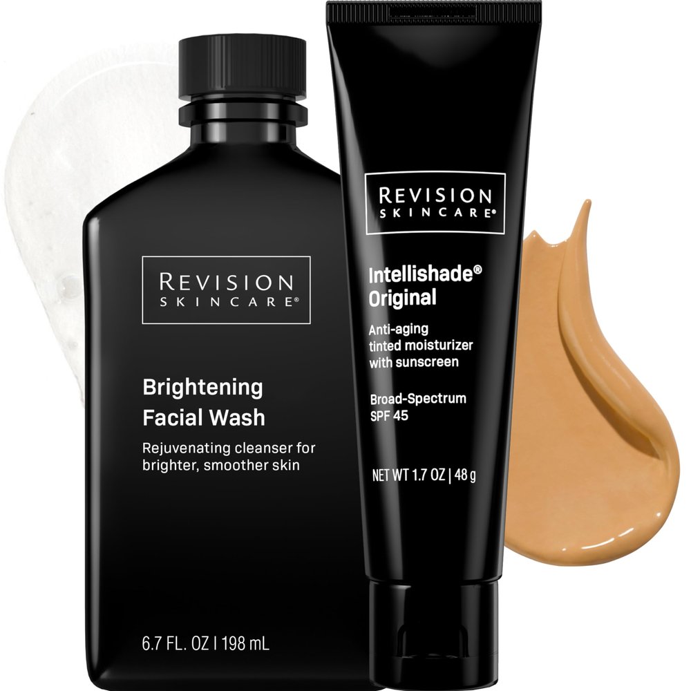 Revision Skincare Intellishade Original SPF 45 1.7oz + Brightening Facial Wash 6.7oz Bundle, Anti-Aging Tinted Moisturizer with Sunscreen and Daily Exfoliating Cleanser for Radiant, Healthy Skin