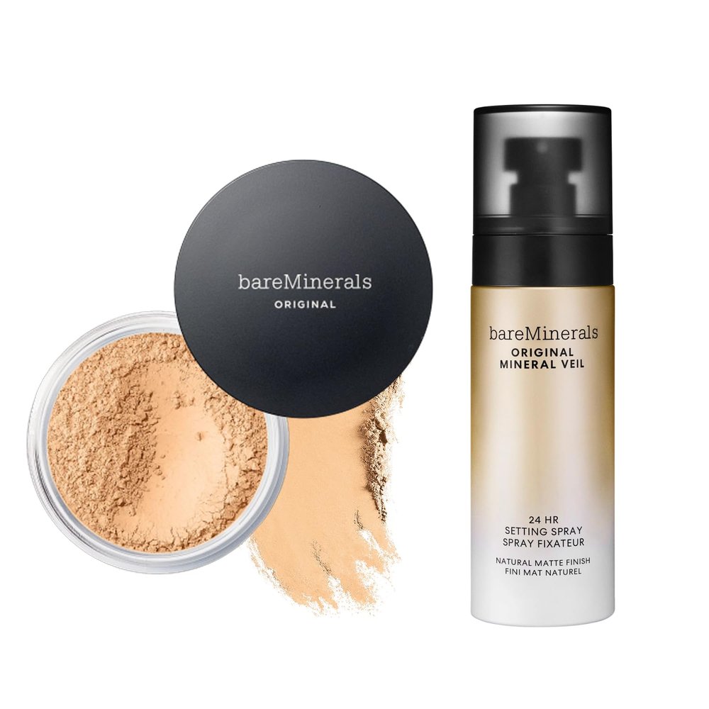 bareMinerals Original Loose Powder Foundation SPF 15, Clean Mineral Powder Face Makeup, Sheer-to-Full Coverage, Talc-Free, Non-Comedogenic, Vegan + Mineral Veil Natural Matte Setting Spray Bundle