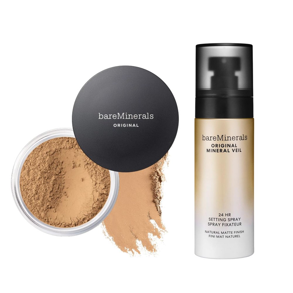 bareMinerals Original Loose Powder Foundation SPF 15, Clean Mineral Powder Face Makeup, Sheer-to-Full Coverage, Talc-Free, Non-Comedogenic, Vegan + Mineral Veil Natural Matte Setting Spray Bundle