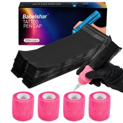 200Pcs Black Tattoo Machine Covers & 4 Pink Grip Tape, 7.2 X 2.5 Inch Disposable Professional Sealable Tattoo Pen Covers Supplies and Accessories