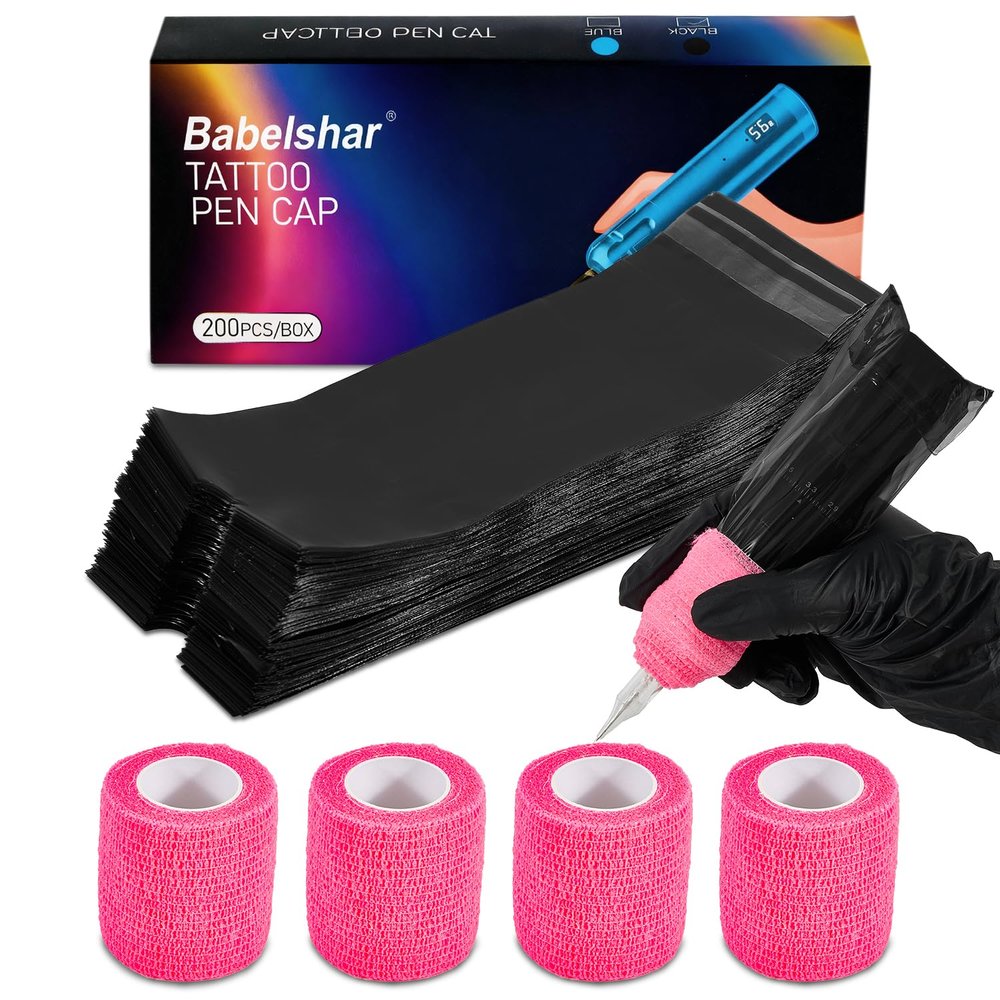 200Pcs Black Tattoo Machine Covers & 4 Pink Grip Tape, 7.2 X 2.5 Inch Disposable Professional Sealable Tattoo Pen Covers Supplies and Accessories