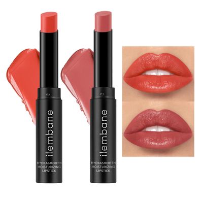 2-Pack Moisturizing Coral Red & Nude Lipstick Set  Hydrating Creamy Lip Color for Dry, Cracked Lips, Weightless Glossy Lip Balm with Vitamin E, Long-Lasting Hydrating Vegan LipstickCoral + Lustre