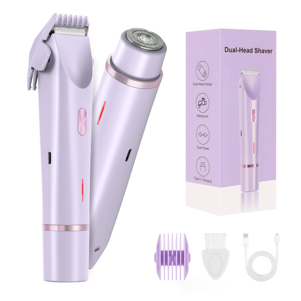 Bikini Trimmer for Women-2 in 1 Dual Head Electric Razors,IPX7 Waterproof Bikini Electric Shaver,Dry & Wet Use Painless Bikini Shaver,Pubic Hair Trimmer for Private Area & Body Hair,Purple