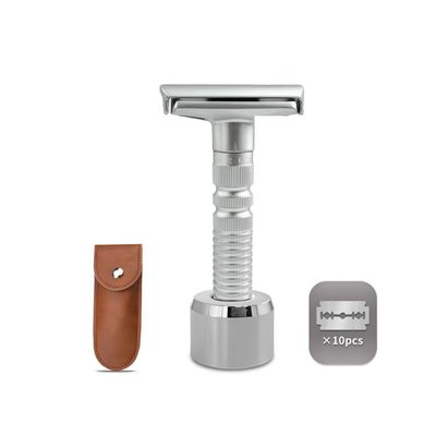 6-speed adjustable dual-blade safety razor with 10 platinum-coated stainless steel blades. Includes optional stand. Comes with complimentary travel pouch. (Silver + base + holster)