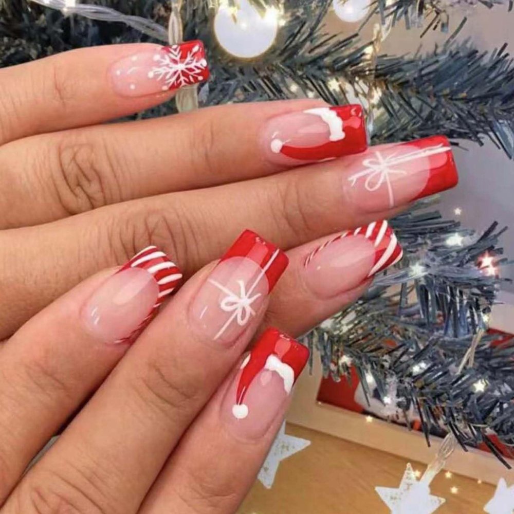 24Pcs Christmas French Tip Press on Nails Medium Square Santa Hat Snowflakes Fake Nails With Design Red French Glue on Nails Full Cover Acrylic Nails for Women Christmas Nail Art Supplies