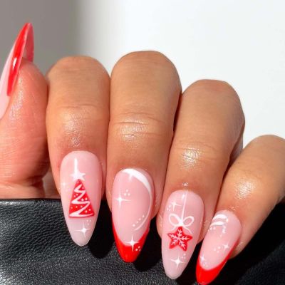 24Pcs Christmas French Tip Press on Nails Medium Almond Red Christmas Tree Stars Fake Nails White Bow Glue on Nails Pink Acrylic Nails for Women Winter Nail Decoration Supplies
