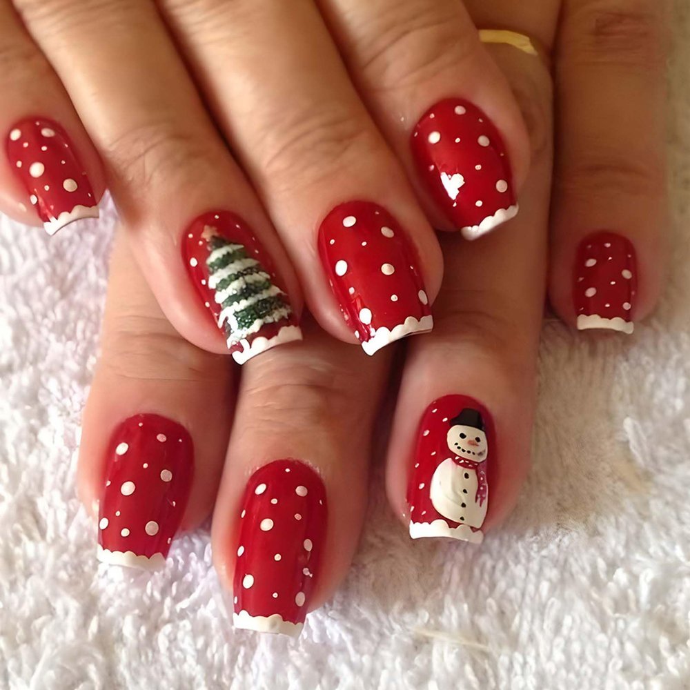 24Pcs Christmas Press on Nails Short Square Christmas Tree Snowman Fake Nails Cute Red Glue on Nails Christmas Acrylic Nails for Women Winter Holiday Nail Art Supplies Nail Decoration