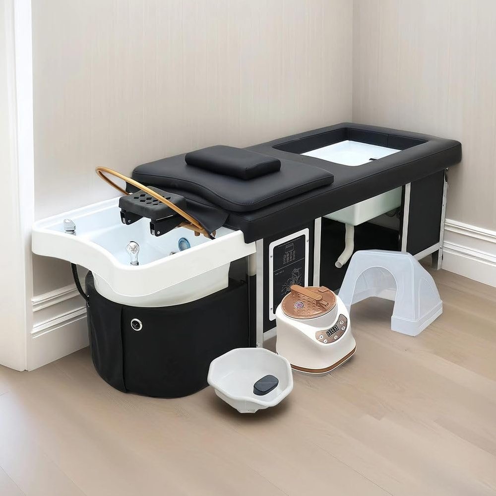 UFAGFDA Shampoo Bed with Foot Bath, Head Treatment Bed with Steaming & Water Circulation, Multifunctional Head Spa Equipment, for Barbershop, Massage Parlor, Pedicure Shop, Beauty Salon