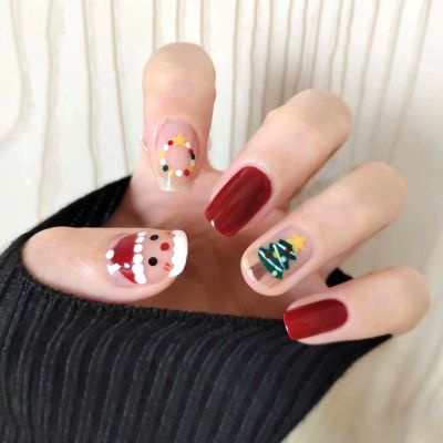 24Pcs Christmas Press on Nails Short Square Santa Claus Christmas Tree Design Fake Nails Holiday Red Glue on Nails Reusable Acrylic Nails for Women Christmas Nail Art Supplies