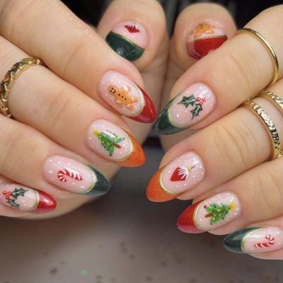 24Pcs Christmas French Tip Press on Nails Short Almond Christmas Tree Red Canes Fake Nails Gingerbread Man Glue on Nails Glossy Acrylic Nails for Women winter Nail Art Supplies