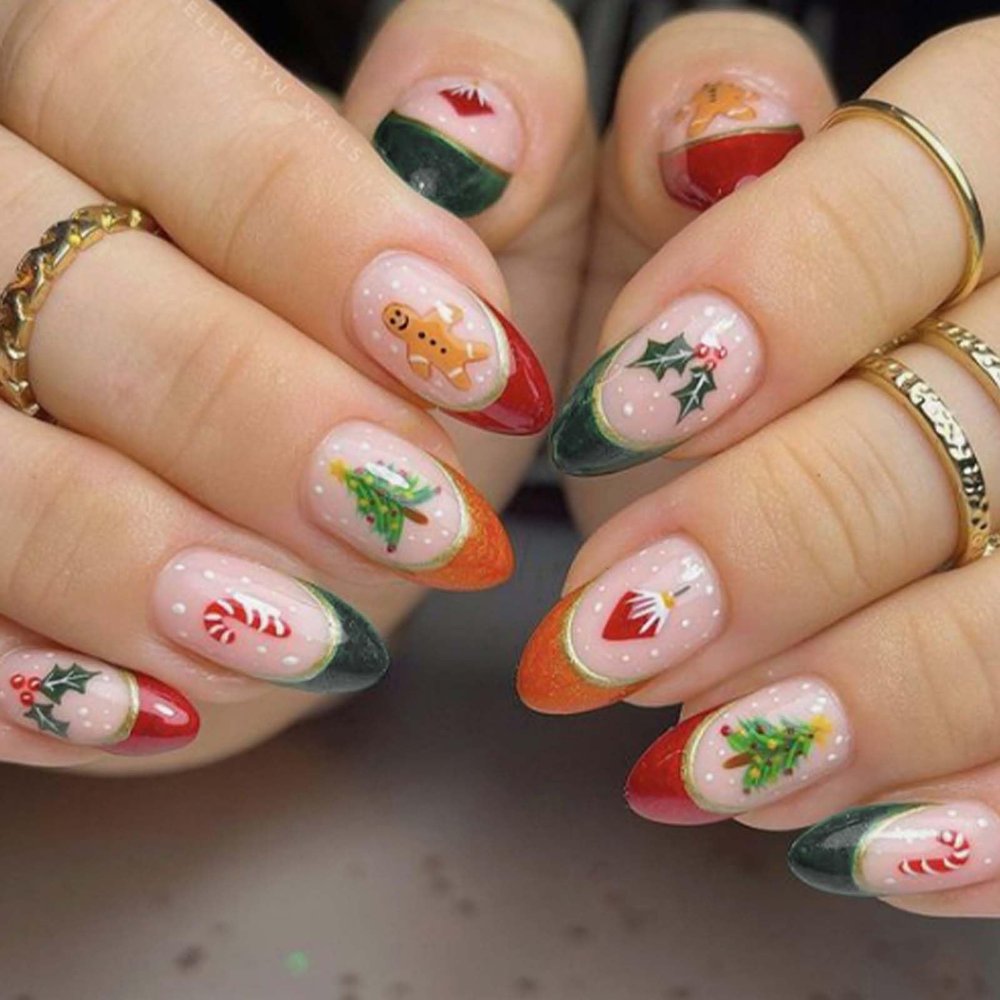 24Pcs Christmas French Tip Press on Nails Short Almond Christmas Tree Red Canes Fake Nails Gingerbread Man Glue on Nails Glossy Acrylic Nails for Women winter Nail Art Supplies