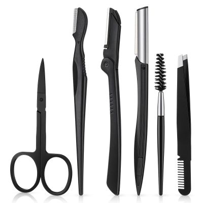 Eyebrow Shaper Kit, 6 in 1 Eyebrow Grooming Kit, Stainless Steel Razor, Scissors, Tweezers, Brush for Women and Men, Facial Hair Trimmer Set with Comb