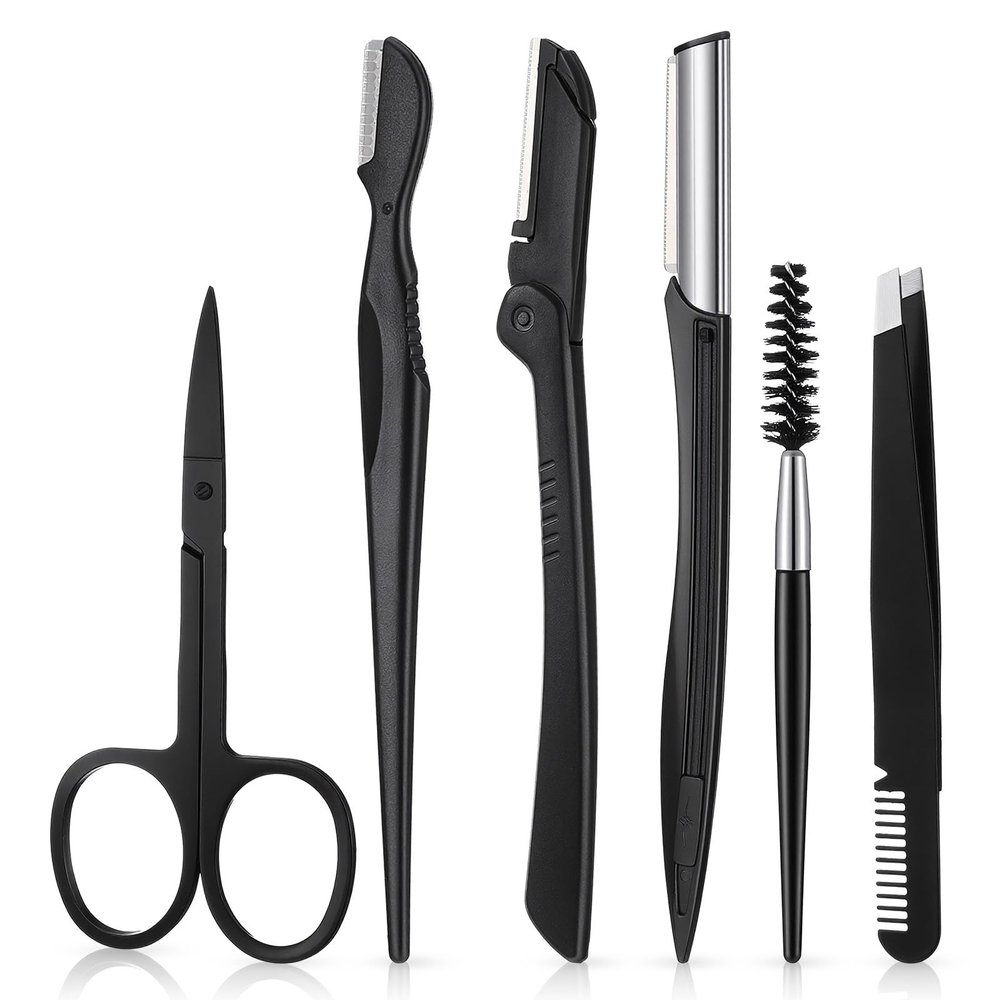 Eyebrow Shaper Kit, 6 in 1 Eyebrow Grooming Kit, Stainless Steel Razor, Scissors, Tweezers, Brush for Women and Men, Facial Hair Trimmer Set with Comb