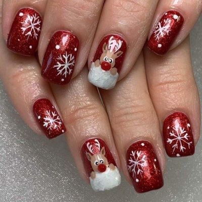24Pcs Christmas Press on Nails Short Square Snow Deer Fake Nails Winter Glitter Red Glue on Nails Glossy Acrylic Nails for Women Holiday Nail Decoration Supplies