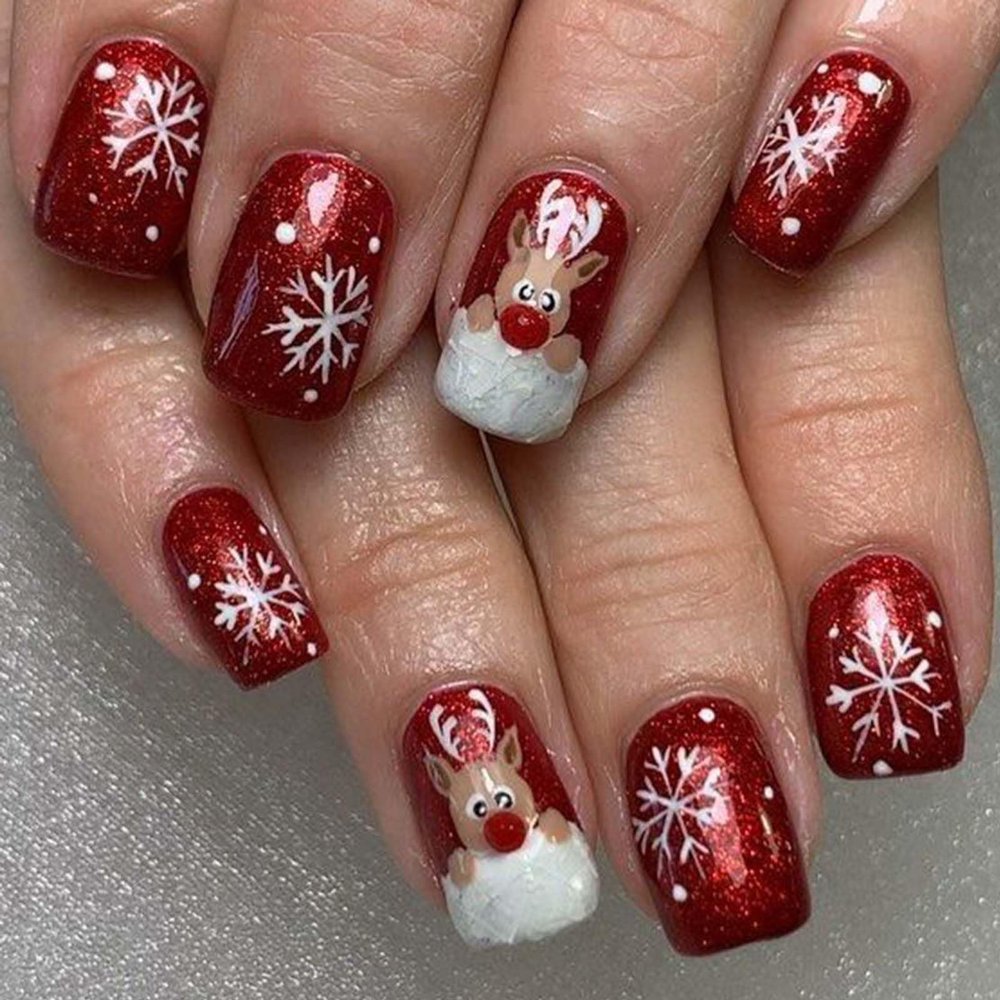 24Pcs Christmas Press on Nails Short Square Snow Deer Fake Nails Winter Glitter Red Glue on Nails Glossy Acrylic Nails for Women Holiday Nail Decoration Supplies