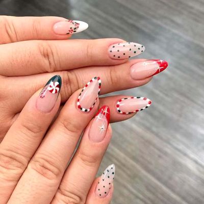 24Pcs Christmas French Tip Press on Nails Medium Almond Cute Candy Canes Fake Nails Red Green White Glue on Nails Glossy Acrylic Nails for Women New Years Manicure Gift Nail Decoration
