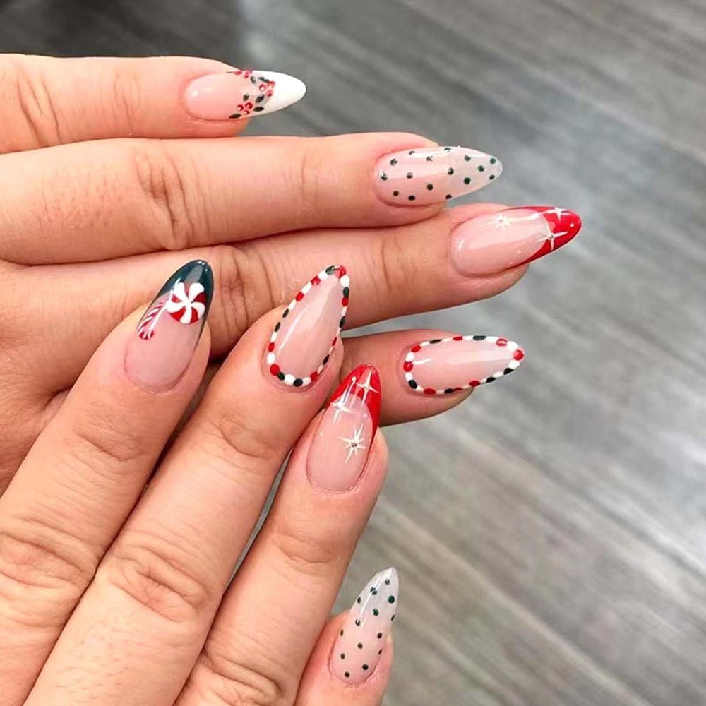 24Pcs Christmas French Tip Press on Nails Medium Almond Cute Candy Canes Fake Nails Red Green White Glue on Nails Glossy Acrylic Nails for Women New Years Manicure Gift Nail Decoration