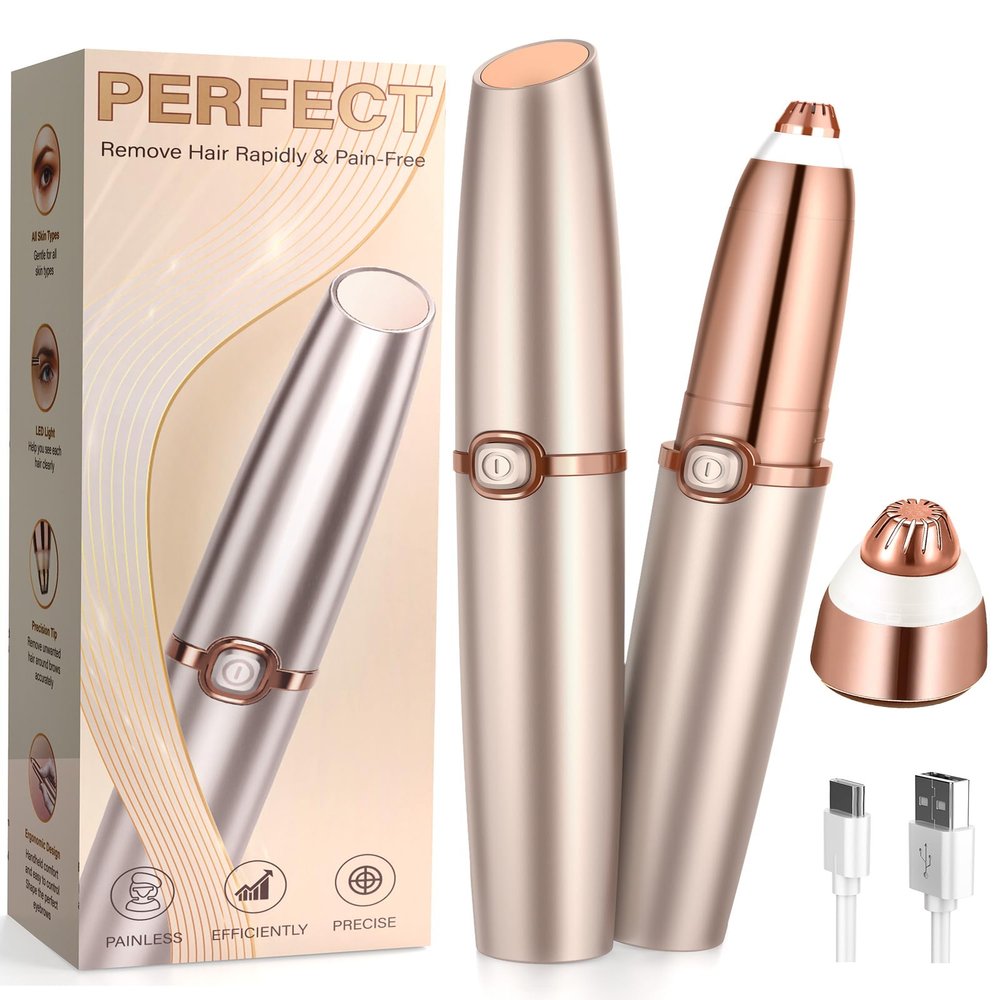 Eyebrow Trimmer for Women, Eyebrow Razor: Rechargeable Facial Hair Removal for Women with 2 Replacement Heads & LED Light, Electric Painless EyeBrow Shaver Hair Removal Device for Eyebrows/Lips/Face
