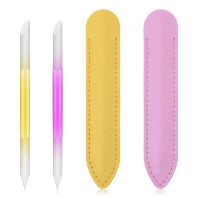 2 PCS Glass Cuticle Pusher Tool with Leather Case, Dual-Ended Cuticle Sticks, Cuticles Pusher Tool, Crystal Cuticles Pushers Glass File for Nails