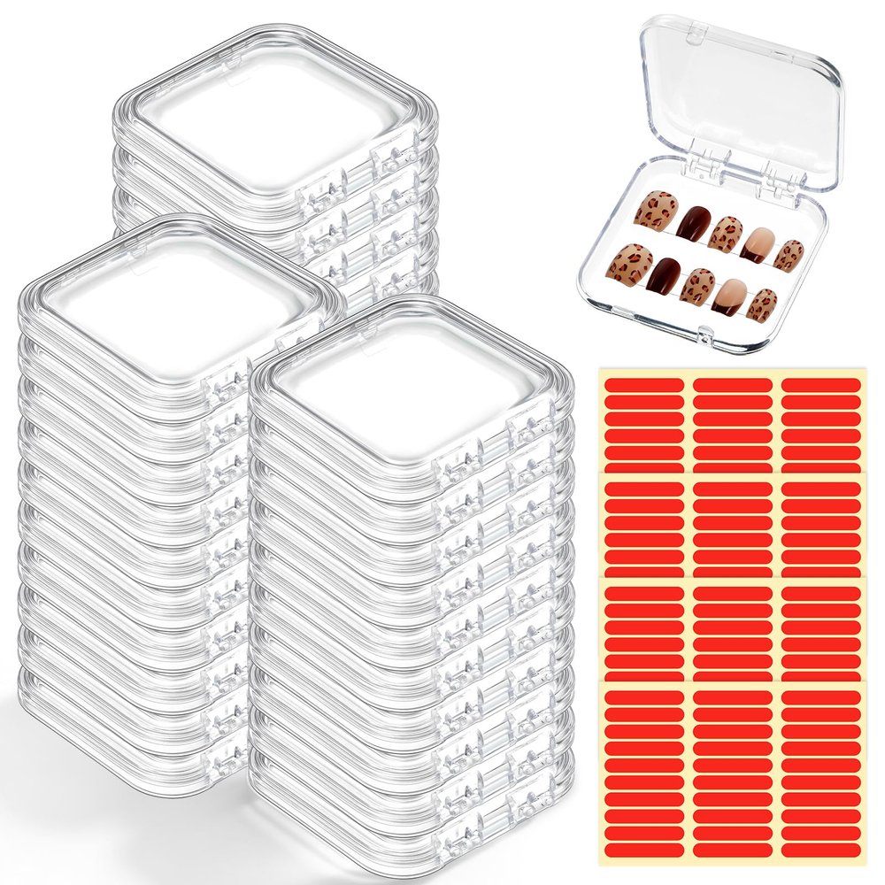 30pcs Press on Nail Case, Nail Storage Box Clear Acrylic Nails Display Box Packaging Fake Nails Storage Case with 90 Pcs Adhesive Double Sided Tape for Fake Nail-Storages,Display-/2.95*2.95inch