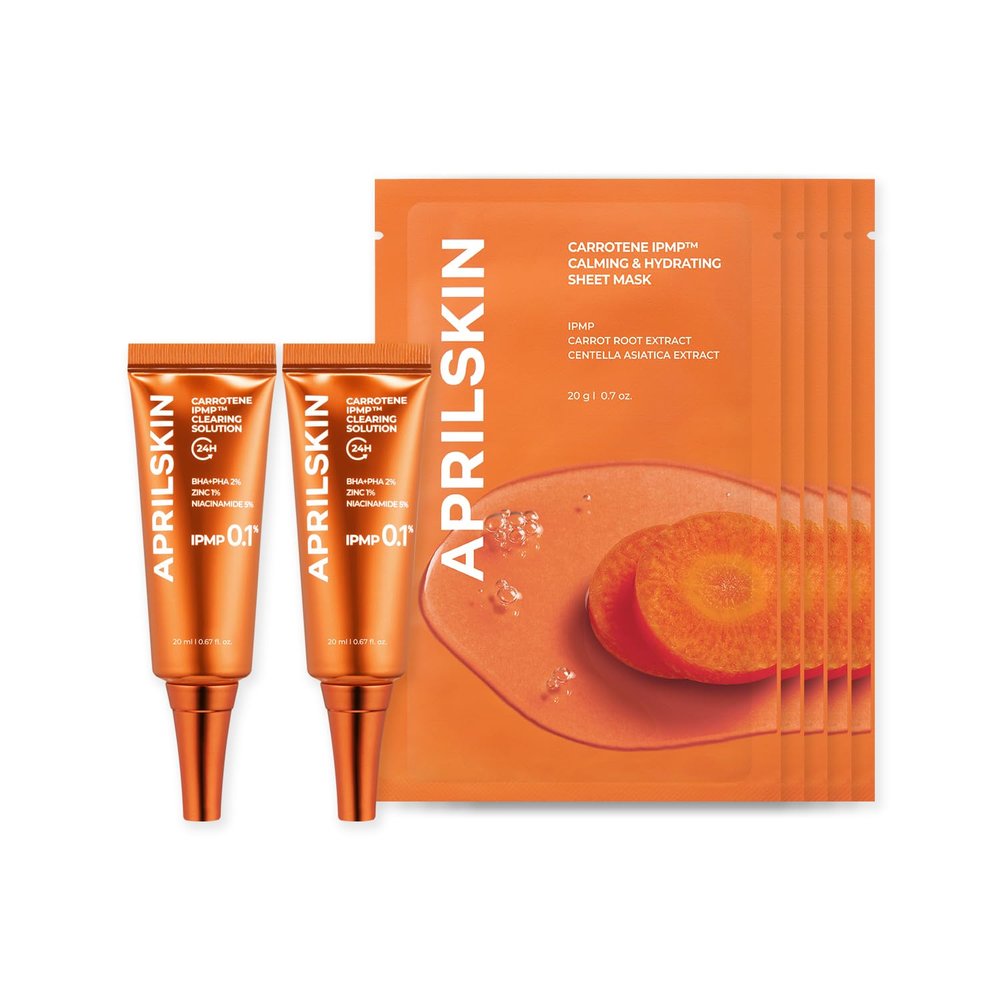APRILSKIN Carrotene Clearing Solution Duo with Sheet Mask: Carrotene IPMP Clearing Solution Duo and Carrotene IPMP Calming & Hydrating Sheet Mask (5EA)