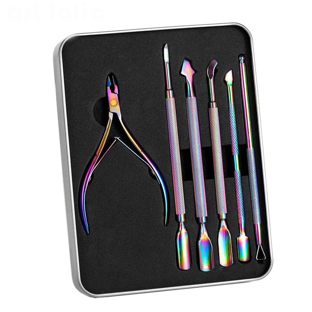 6Pcs Nail Art Manicure Tools Set Stainless Steel Dead Skin Pusher Cuticle Nippers with Box Gel Polish Kit