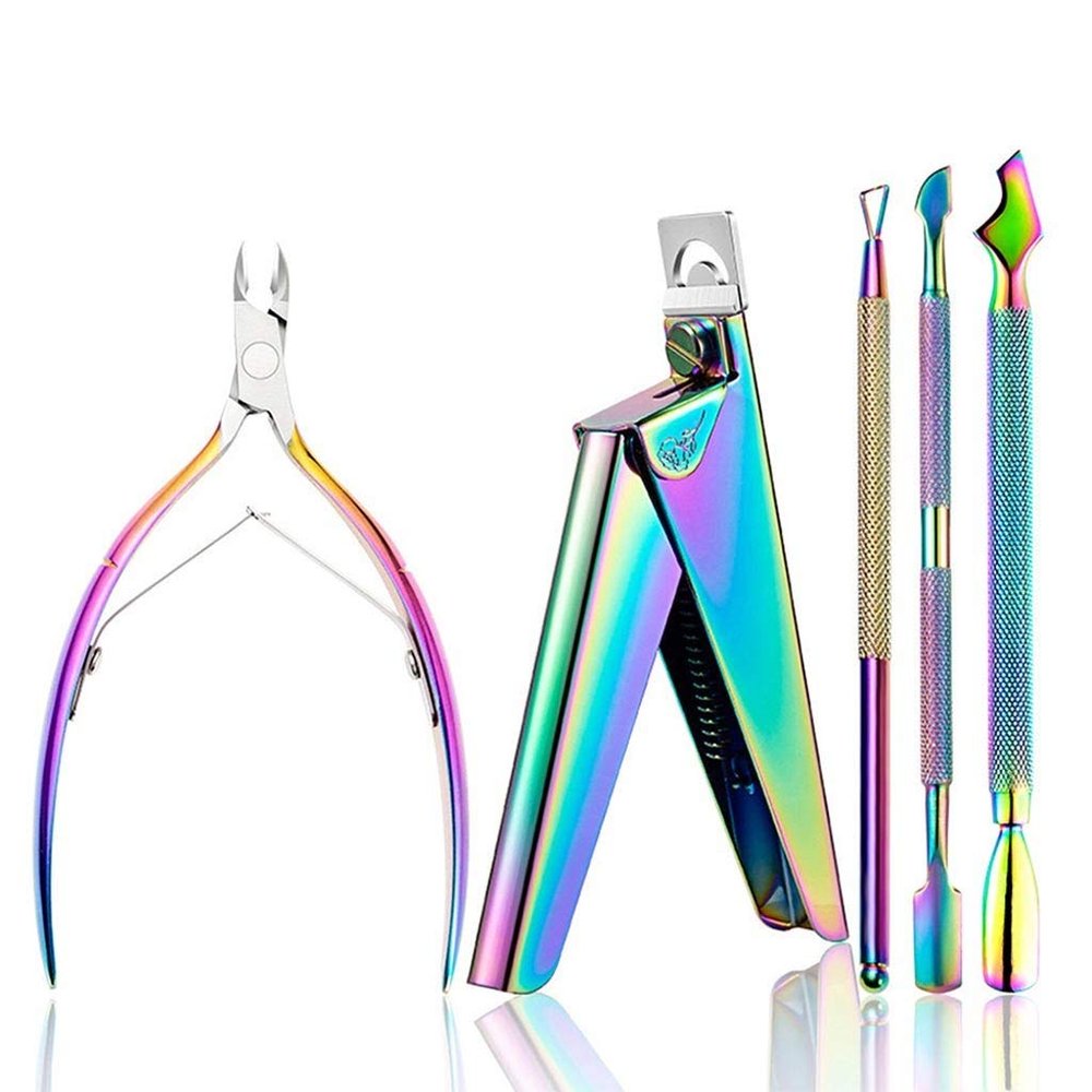 5Pcs Nail Cuticle Pusher Tweezer Rainbow Nipper Clipper Edge Cutter Dead Skin Remover Scissor Plier Pedicure Nail Tools