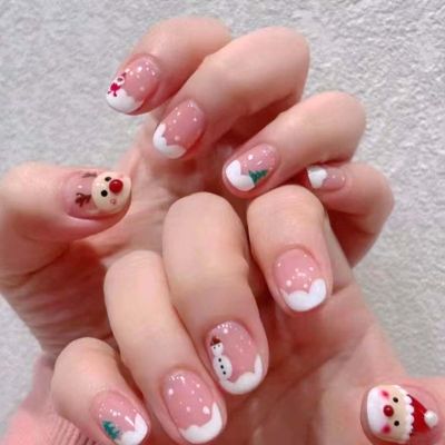 24pcs Christmas Press on Nails Short Round Snowman Santa Claus Deer Christmas Tree Design Fake Nails Cute Glue on Nails for Women New Years Nail Gift Nail Decoration
