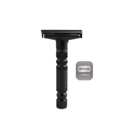 6-speed adjustable dual-blade safety razor with 10 platinum-coated stainless steel blades. Includes optional stand. Comes with complimentary travel pouch. (Black)