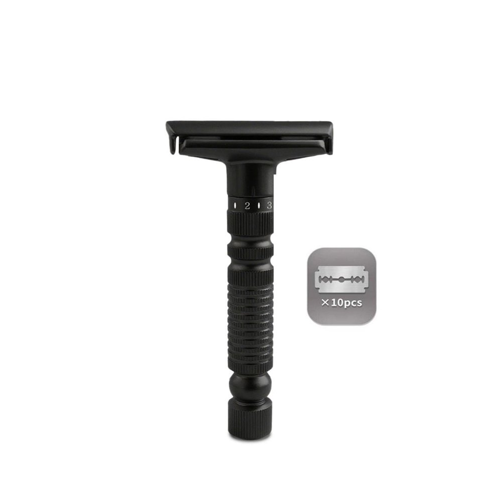 6-speed adjustable dual-blade safety razor with 10 platinum-coated stainless steel blades. Includes optional stand. Comes with complimentary travel pouch. (Black)