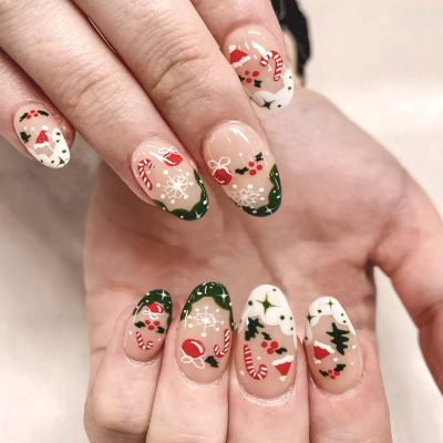 24Pcs Christmas French Tip Press on Nails Short Almond Santa Hat Christmas Tree Fake Nails Red Canes Stick on Nail Cute Acrylic Nails for Women Holiday Nail Art Supplies