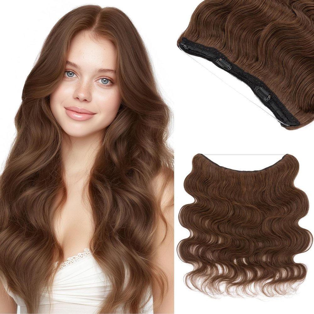 SEGO Pro Halo Hair Extensions for Women Human Hair with Invisible Transparent Wire Adjustable Size 2 Secure Clips Long Wavy Secret Hairpiece 20 Inch 4R Chocolate Brown