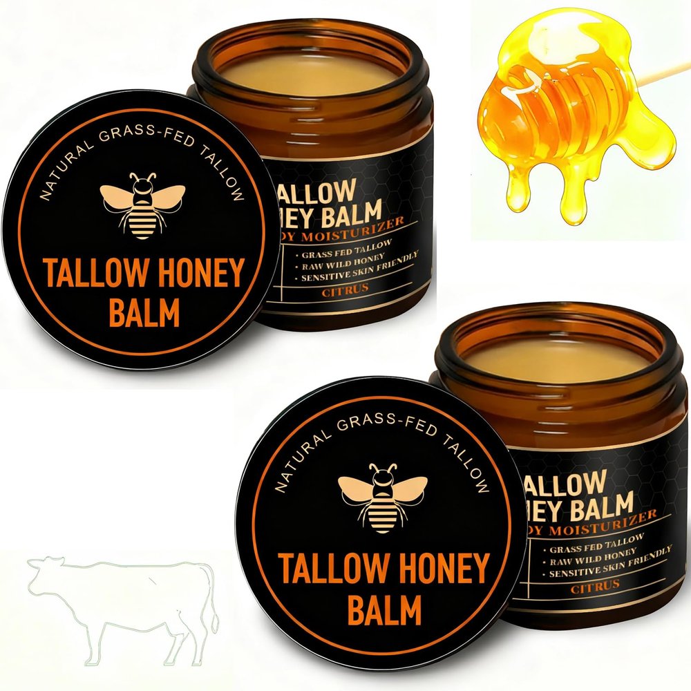 2Pack Beef Tallow for Skin, tallow and honey balm,tallow face moisturizer, Hydrating Tallow Balm with Raw Honey and Beeswax, Grass-Fed Beef Tallow & Raw Wild Honey Blend, Body & Face Moisturizer (OR)