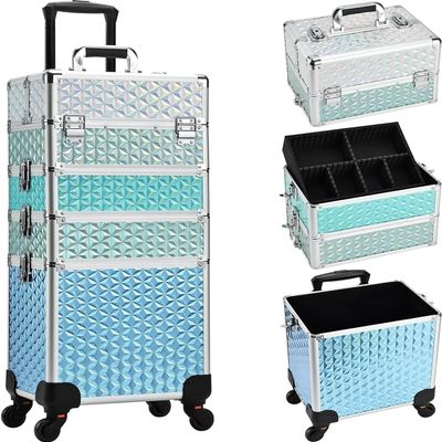 5 in1 Makeup Rolling Train Case Cosmetic Organizer,Soft Sided Rolling Makeup Traveling Case Cosmetic Storage-blue