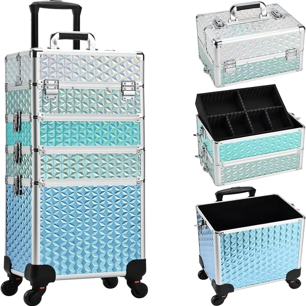 5 in1 Makeup Rolling Train Case Cosmetic Organizer,Soft Sided Rolling Makeup Traveling Case Cosmetic Storage-blue