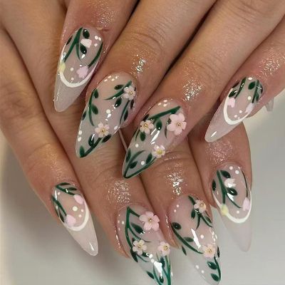 BQZQPAMZ 24Pcs Flower Leaves Press on Nails Pink Floral Medium Almond False Nails Glossy Stick on Nails Reusable Acrylic Nails for Women Summer Plant Nude Manicure Supplies