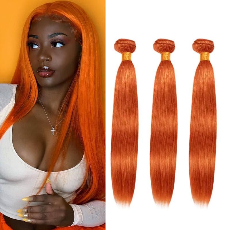 24 26 28Inch Straight Bundles Human Hair Brazilian Virgin Hair for Black Women 12A Wet and Wavy 3 Bundles Orange Human Hair Weave (Ginger #350)