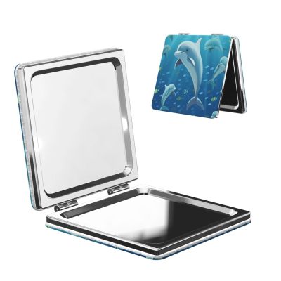 DDTKLSNV Dolphin Compact Mirror Small Pocket Pu Leather Makeup Mirrors 1x/2x Magnifying Portable Pocket Mirror for Women Girls