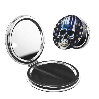 DDTKLSNV Blue Stripe Stars Skull Compact Mirror Small Pocket Pu Leather Makeup Mirrors 1x/2x Magnifying Portable Pocket Mirror for Women Girls