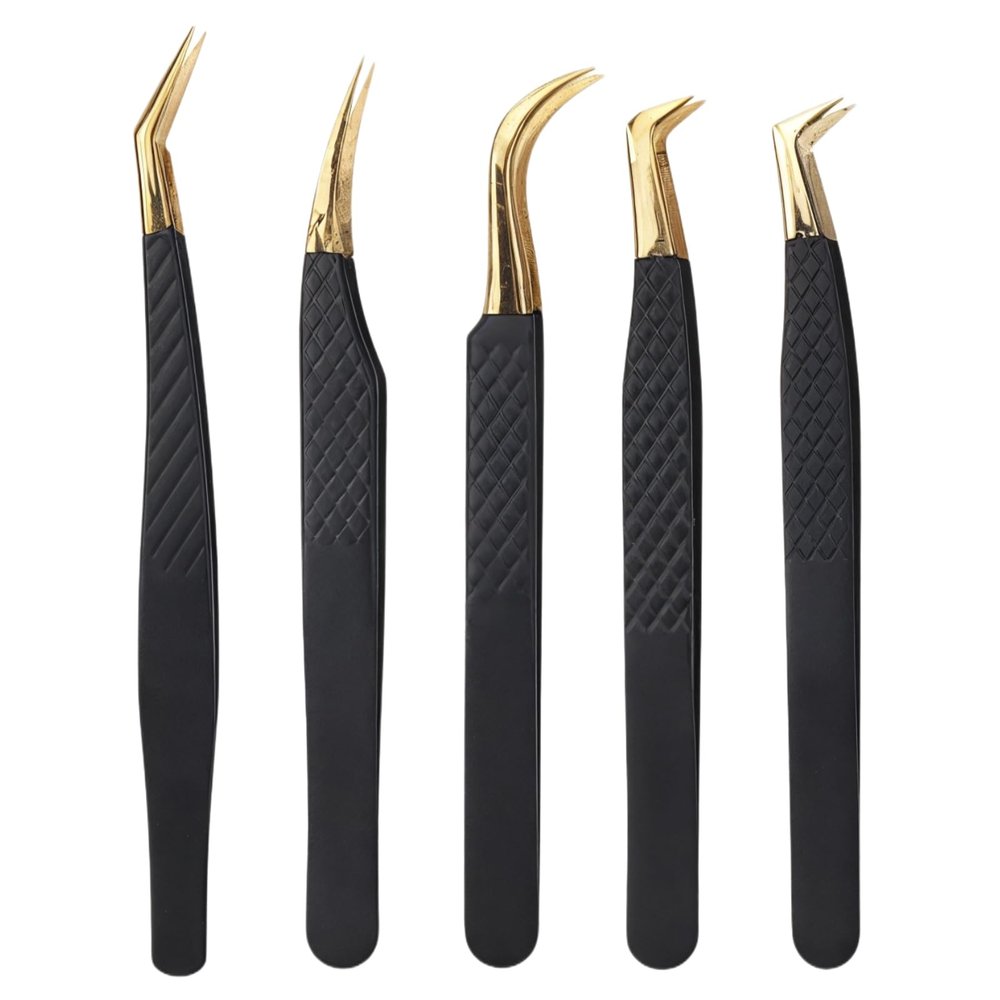 5 Piece High Precision Stainless Steel Lash Tweezers, Curved Tip Set With Non-Slip Grip For Eyelash Extensions, Salon & Home Use