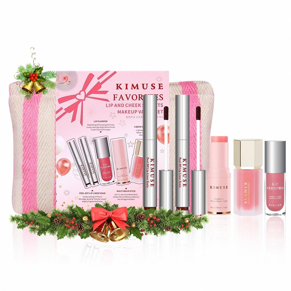 KIMUSE All in One Makeup Kit for Women, Girls, Teens with Makeup Bag, 4 Pcs Makeup Gifts Set Includes Lip Stain,Lip Plumper,Liquid Blush,Multi Balm Stick, Christmas Make Up Collection, Holiday Present