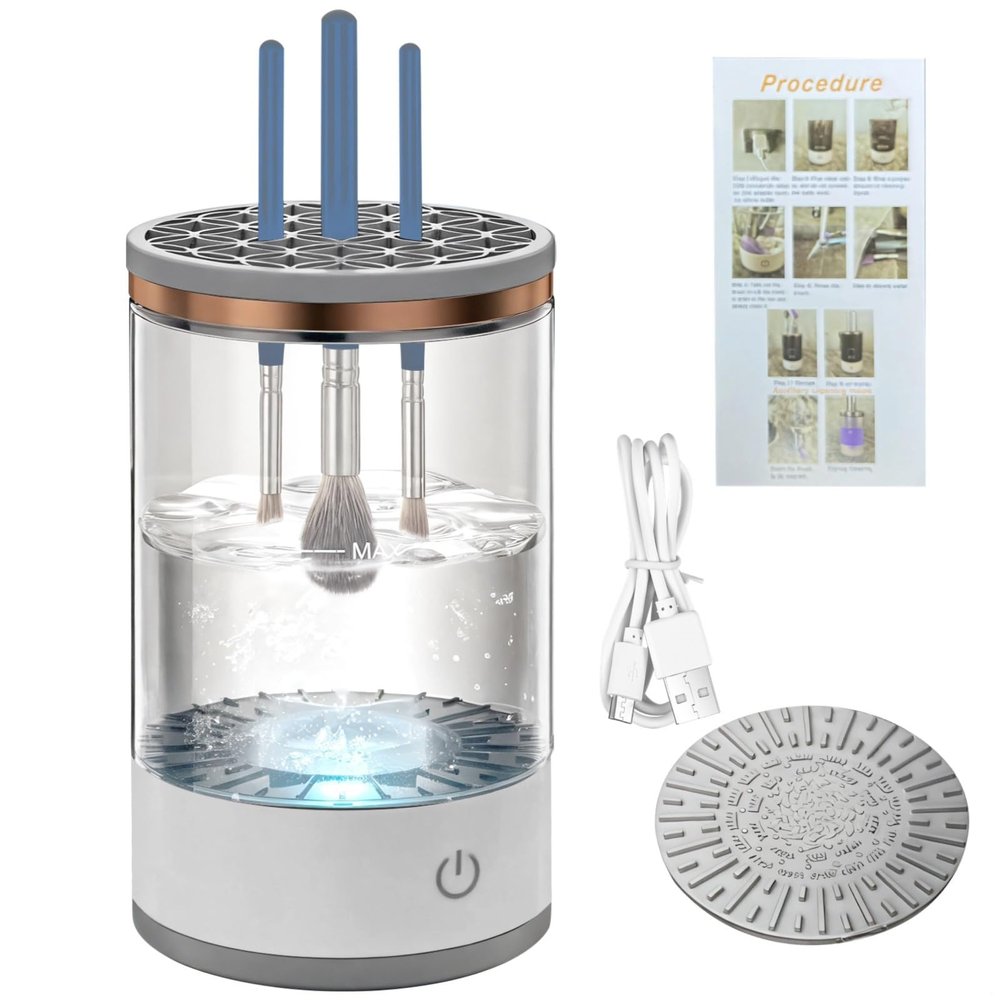Brush Cleaner Makeup, Cosmetic Beauty Brush Cleaning Machine, Auto Rechargeable Usb Brush Cleaner, Cleansing And Drying, Portable Design, One-Button Easy Operation, Transparent