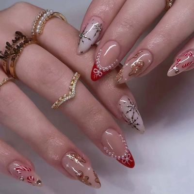 24Pcs Christmas French Tip Press on Nails Medium Almond Bow Snowflake Walking Stick Fake Nails Gingerbread Man Glue on Nails Cute Acrylic Nails for Women Nail Decoration Gift