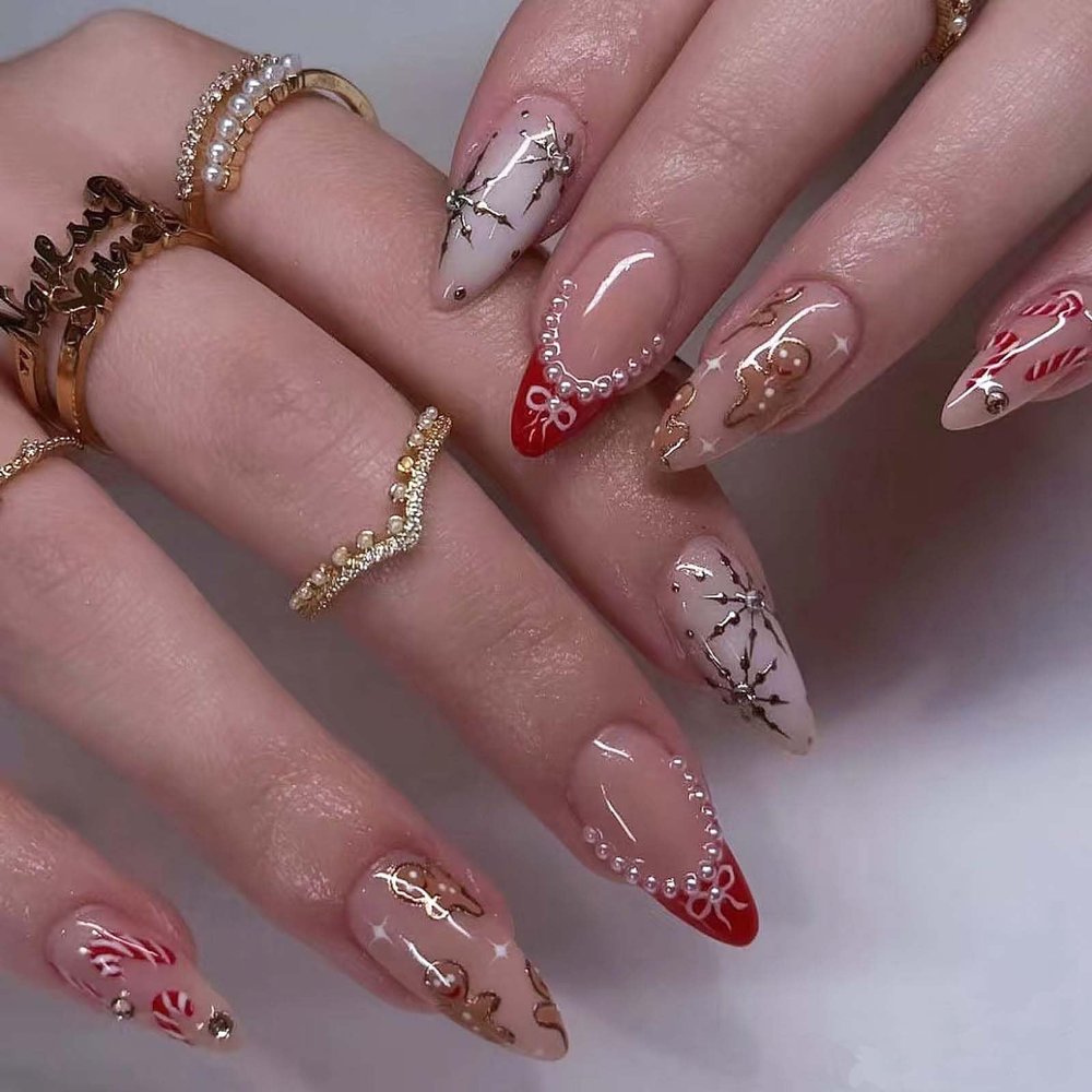 24Pcs Christmas French Tip Press on Nails Medium Almond Bow Snowflake Walking Stick Fake Nails Gingerbread Man Glue on Nails Cute Acrylic Nails for Women Nail Decoration Gift